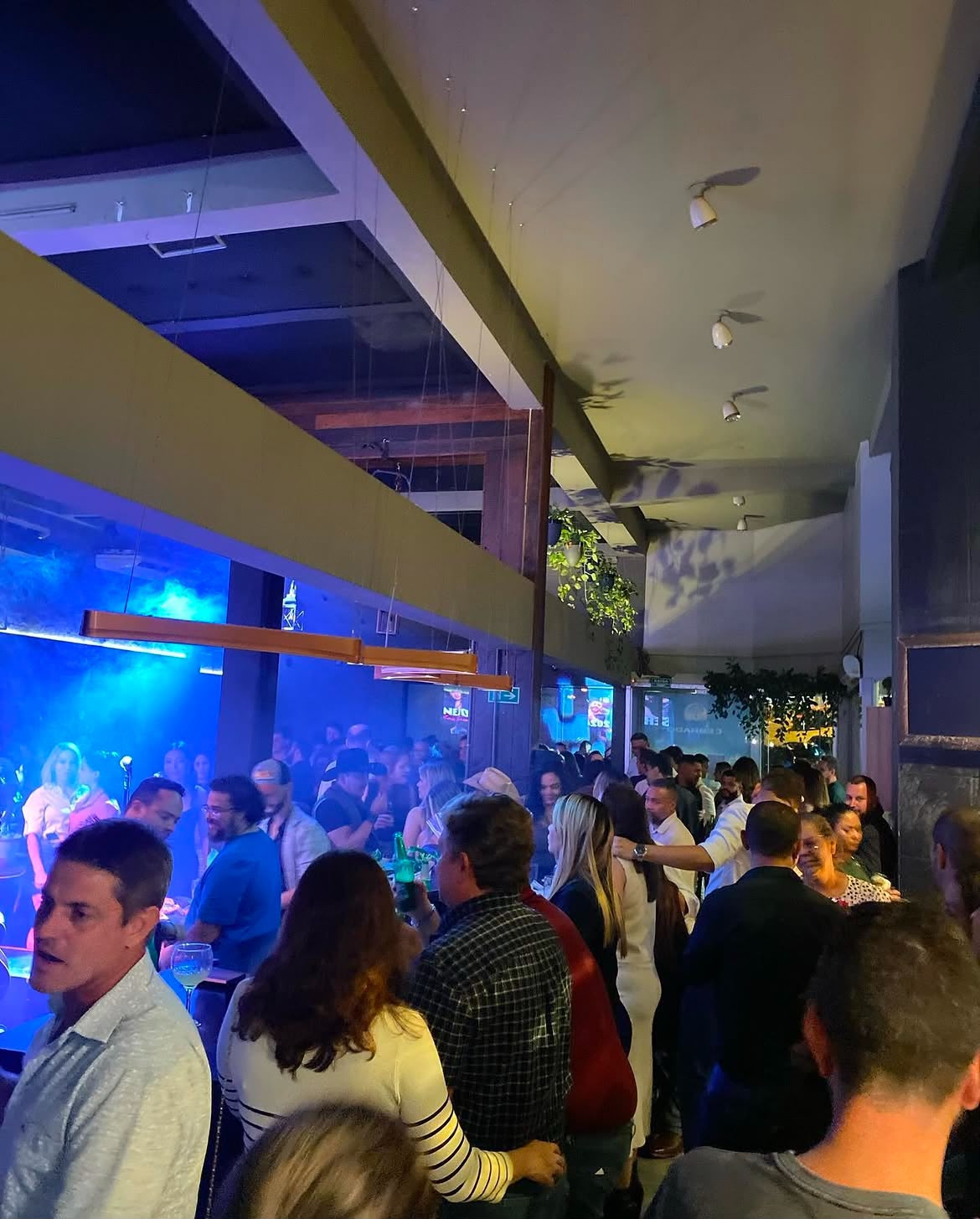 Público na pista com iluminação azul e fumaça